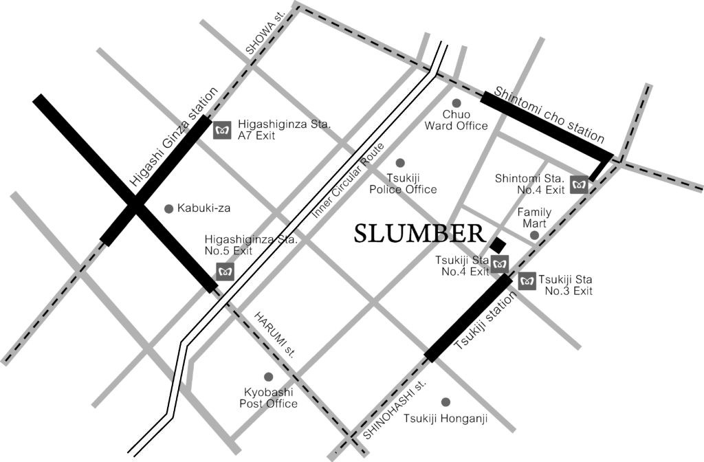 SLUMBER周辺の地図（築地駅・新富町駅・東銀座駅からの道順）